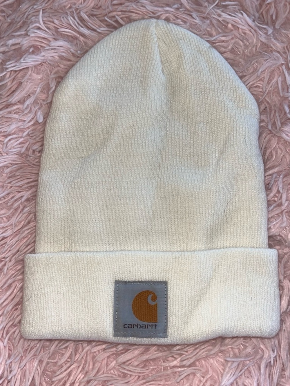 Carhartt Cream Fold-Over Cuff Beanie with Logo Patch